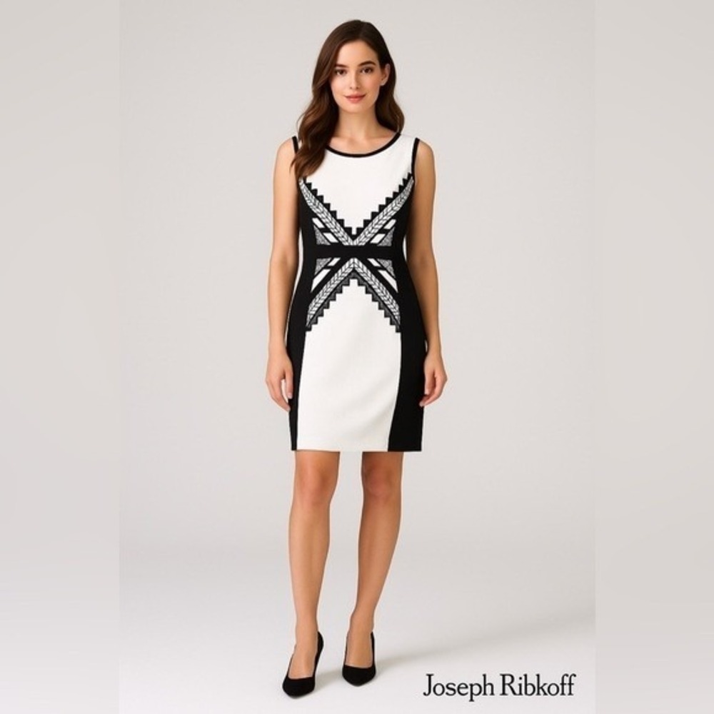 Joseph Ribkoff Black and White Geometric Sheath Dress Sz 10 Pencil Party Event